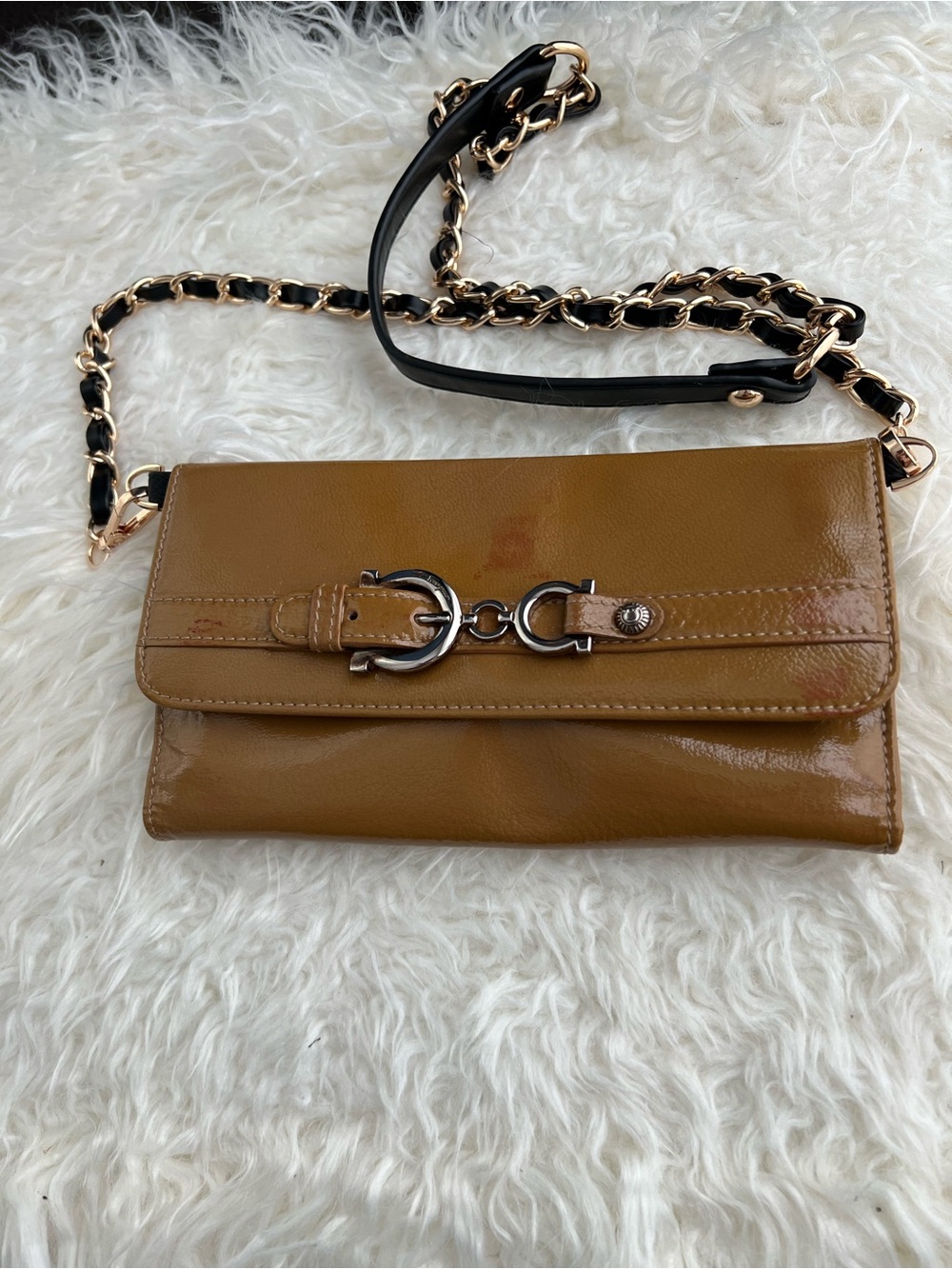 Salvatore Ferragamo Tan Patent Leather Gancini TriFold Wallet